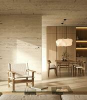 lugn vardagsrum interiör design visa upp en minimalistisk estetisk. 3d tolkning. hög kvalitet 3d illustration. foto