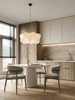 elegant modern kök design med trä- skåp, unik ljus fixtur, och marmor detaljer. 3d tolkning. hög kvalitet 3d illustration foto