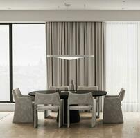 modern natur stil vardagsrum interiör design med dining tabell och panorama- fönster bakgrund. 3d tolkning. hög kvalitet 3d illustration foto
