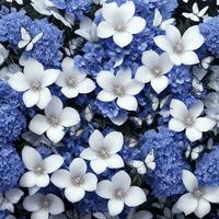 blomma realistisk sömlös fjäril abstrakt mönster. blommig slumpmässig bakgrund blå vit ai generativ foto