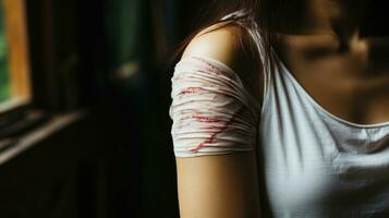 stänga upp av en kvinna med blodig sår på henne ärm och axel. foto