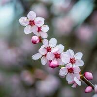 skön körsbär blomma sakura i springtime rosa persika blommor ai genererad. foto