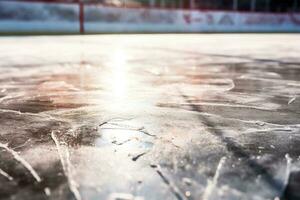 is på de is av en frysta sporter arena. vinter- bakgrund, stänga upp av is i hockey rink, ai genererad foto