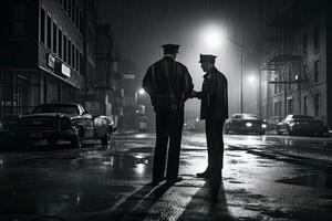 två polis kommenderar skakning händer i en dimmig stad på natt, poliser stående på de gata hörn utsikt en brottslighet scen, COP i de stor stad, noir ny eller filma stil, karaktär, ai genererad foto