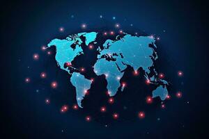 global nätverk förbindelse begrepp. polygonal värld Karta. vektor illustration, polygon värld Karta med blockchain teknologi jämlikar till jämlikar nätverk på blå bakgrund, ai genererad foto