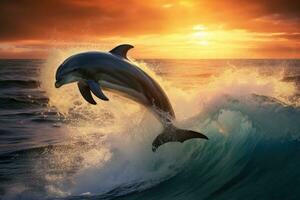 delfiner Hoppar ut av de hav på solnedgång. 3d tolkning, lekfull delfiner Hoppar över brytning vågor, ai genererad foto