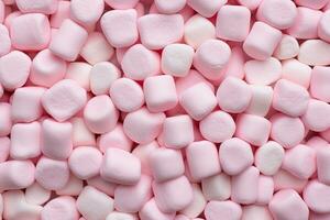 rosa och vit marshmallows bakgrund. topp se. platt lägga, rosa marshmallow för valentine dag som bakgrund och textur, ai genererad foto