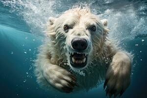 polär Björn simning under vattnet i djup blå vatten, närbild, polär Björn under vattnet ge sig på, ai genererad foto