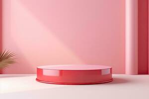 minimalistisk rosa podium för produkt presentation, 3d tolkning, rosa eller korall podium mockup. realistisk 3d vektor piedestal för kosmetika presentation med en fönster skugga på vägg, ai genererad foto