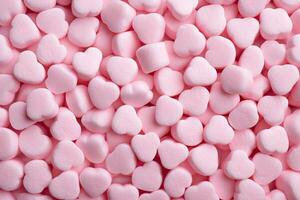 rosa hjärta formad godis som bakgrund, topp se. hjärtans dag firande, rosa marshmallow för valentine dag som bakgrund och textur, ai genererad foto