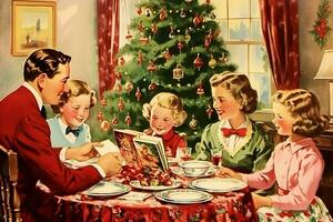 årgång illustration av en familj jul middag foto