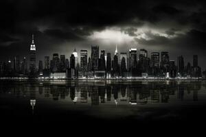 shanghai horisont på natt med reflexion i huangpu flod, ny york stad horisont, ai genererad foto