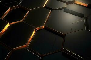 3d tolkning av abstrakt metallisk bakgrund med hexagoner i svart och guld Färg, lyx hexagonal abstrakt svart metall bakgrund med gyllene ljus rader, ai genererad foto