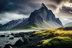 skön landskap av island. dramatisk mulen himmel. tonad, majestätisk sommar scen av stokksnes udde med vestrahorn Läderlappen berg på bakgrund, ai genererad foto