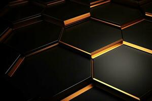 abstrakt bakgrund tillverkad av svart och gyllene hexagoner. 3d framställa, lyx hexagonal abstrakt svart metall bakgrund med gyllene ljus rader, ai genererad foto