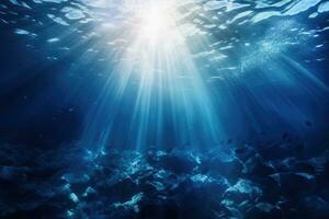 under vattnet scen med solstrålar lysande genom de vatten yta, under vattnet hav blå avgrund med solljus dykning och dykning bakgrund, ai genererad foto