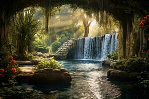 skön vattenfall i de trädgård med solljus och lins blossa effekt, vattenfall i de parkera, ai genererad foto