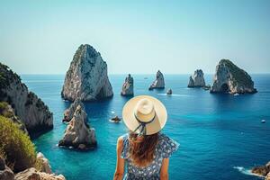 skön ung kvinna i hatt ser på de skön se av capri ö, Italien, högtider på capri ö. tillbaka se av skön mode flicka njuter se av de faraglioni staplar, ai genererad foto