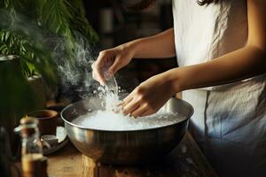 ung kvinna i en vit förkläde strössel mjöl i en skål med vatten, kvinna tillsats salt i pott medan matlagning, ai genererad foto