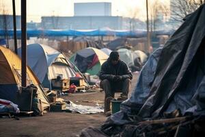 ukrainska flyktingar på de gator av kiev. flyktingar är anländer ständigt till ukraina på deras sätt till Tyskland, hemlös och i fattigdom i en tält stad, ai genererad foto