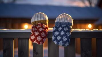ai generativ vantar, snö handskar i de snö i tidigt morgon- solljus foto