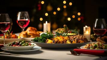 ai generativ jul middag bordsskiva, vackert dekorerad med krämig bokeh jul lampor i de bakgrund foto