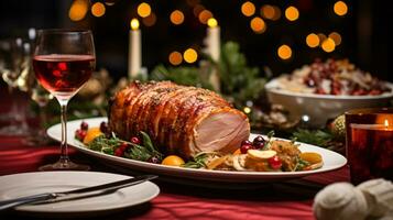 ai generativ jul middag bordsskiva, vackert dekorerad med krämig bokeh jul lampor i de bakgrund foto