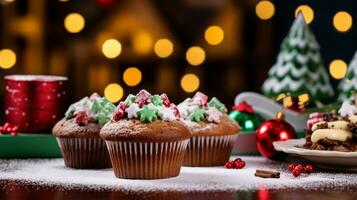 ai generativ stänga upp skott av jul muffins med dekorationer och en suddig jul bakgrund foto