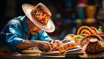 en man i en hatt är arbetssätt på en tabell med färgrik hattar ai genererad foto