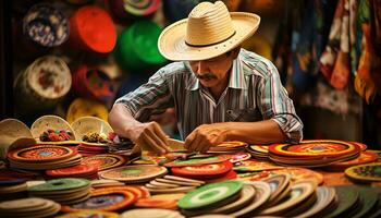 en man i en hatt är arbetssätt på en tabell med färgrik hattar ai genererad foto