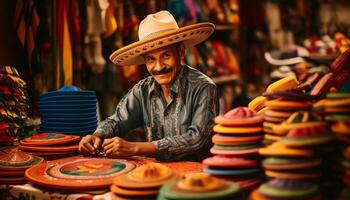 en man i en hatt är försäljning färgrik objekt ai genererad foto