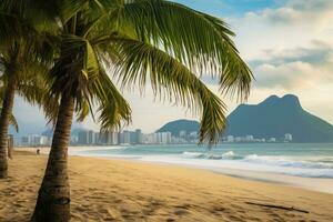 handflatan träd på de strand i rio de Janeiro, Brasilien, palmer och två bröder berg på ipanema strand, rio de Janeiro, ai genererad foto