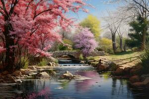 rosa körsbär blommar i de trädgård med en bro i de bakgrund, målning av en japansk trädgård med sakura träd ultra realistisk fotorealistiskt realism, ai genererad foto