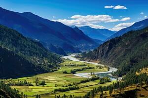 terrasserad ris fält landskap i sichuan provins, Kina, panorama topp se av paro dal landskap, bhutan, ai genererad foto