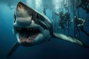 bra vit haj simning under vattnet med dykare i de bakgrund. 3d tolkning, bra vit haj som visar dess tänder i främre av dykare i en dykning bur, ai genererad foto