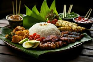 ris med grillad fläsk och grönsaker på trä- tabell, thai mat, indonesiska traditionell bali mat. Indonesien, ai genererad foto