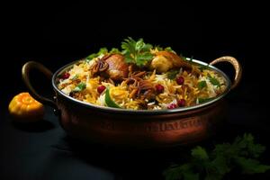 biryani biryani är en populär maharashtrian maträtt tillverkad av basmati ris, kyckling och kryddor, indisk kyckling biryani med ris och grönsaker på en svart bakgrund, ai genererad foto