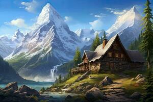 berg landskap med en trä- logga hus och en vattenfall. digital målning, skapa en skön berg scen med en logga Hem på de sida av en oländig berg den där har snö, ai genererad foto