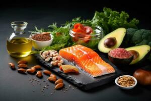 urval av friska mat källor av omega 3 på svart bakgrund, urval av friska mat källor av omega 3, naturlig källor av omega 3, ai genererad foto