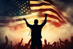 silhuett av en man med Uppfostrad händer på de bakgrund av de amerikan flagga, silhuett av vapen Uppfostrad vinka en USA flagga med stolthet, ai genererad foto
