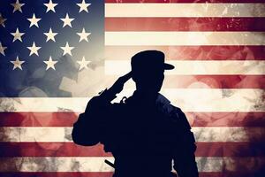 silhuett av soldat hälsning mot digitalt genererad amerikan flagga, silhuett av en man hälsning på de bakgrund av de amerikan flagga, ai genererad foto