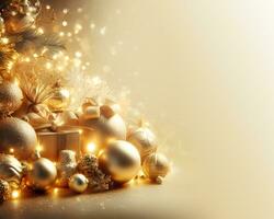 gyllene jul bakgrund med gran träd, gyllene bollar, gåva lådor och dekorationer. ai generativ foto