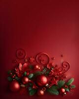 jul dekorationer på röd bakgrund, jul hälsningar mockup. ai generativ foto