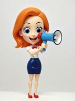 en 3d leksak tecknad serie kvinna framställning ett meddelande med megafon på en vit bakgrund. ai genererad foto
