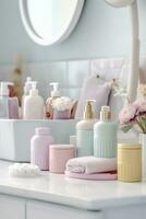 pastell hudvård Produkter anordnad i en vit badrum. barbiecore ljus palett smink baner. ai generativ foto