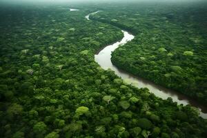 antenn se av de amazonas djungel landskap med flod böja. generativ ai foto