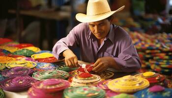 en man i en färgrik hatt är arbetssätt på en hatt ai genererad foto