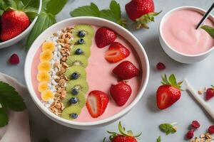 jordgubb smoothie skål med pålägg förbi ai generativ foto
