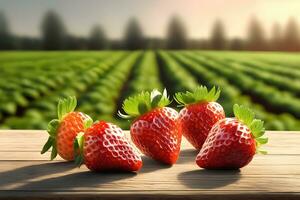 lugg av jordgubbar på tabell med jordgubb fält bakgrund förbi ai generativ foto