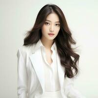 skön asiatisk kvinna i vit klänning ai genererad foto